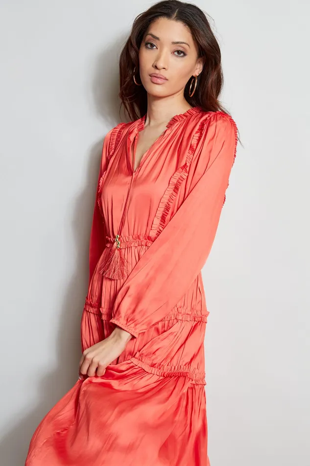 Midi Dresses Women Elie Tahari Long Sleeve Ruffle Midi Dress WILD FLOWER