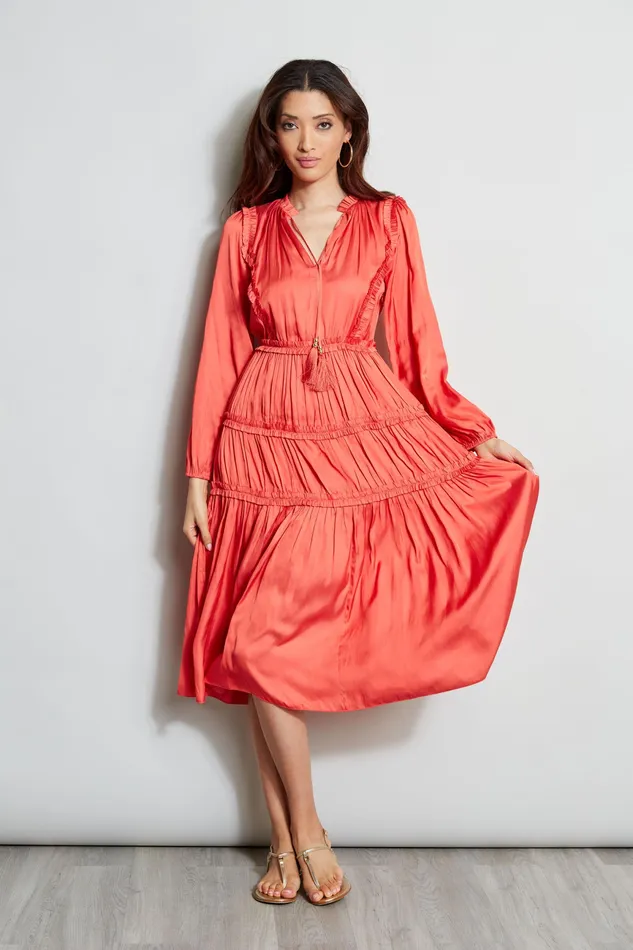 Midi Dresses Women Elie Tahari Long Sleeve Ruffle Midi Dress WILD FLOWER