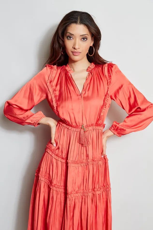 Midi Dresses Women Elie Tahari Long Sleeve Ruffle Midi Dress WILD FLOWER
