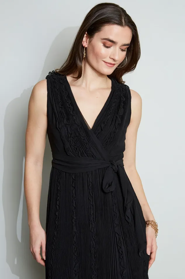 Midi Dresses Women Elie Tahari Silk Ruffle Midi Dress BLACK