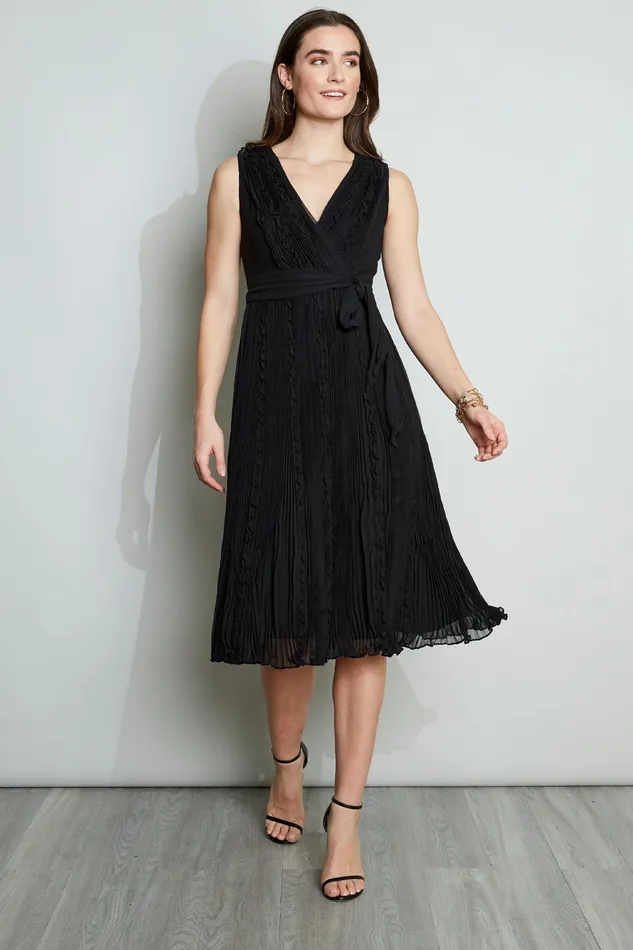 Midi Dresses Women Elie Tahari Silk Ruffle Midi Dress BLACK