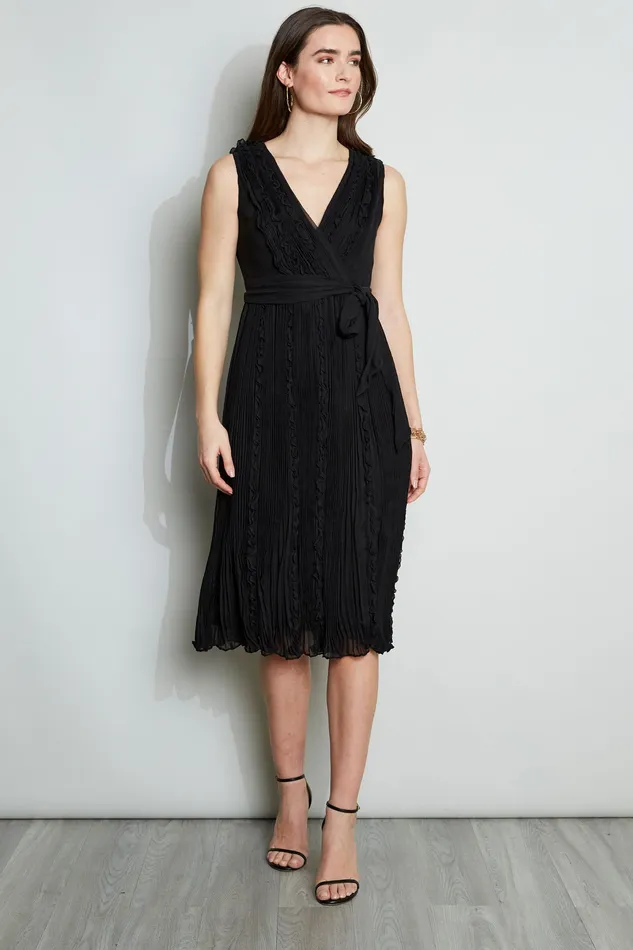 Midi Dresses Women Elie Tahari Silk Ruffle Midi Dress BLACK