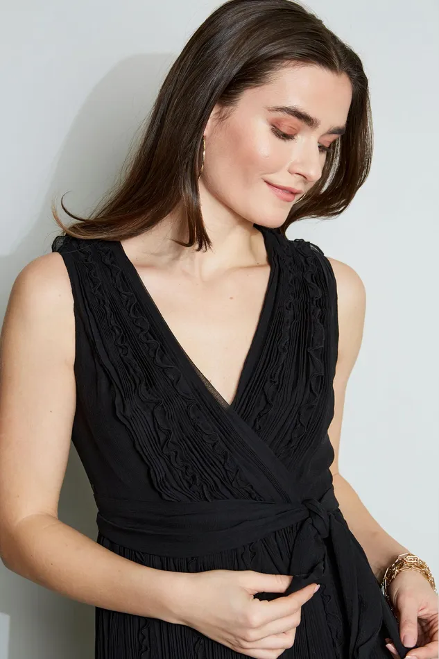 Midi Dresses Women Elie Tahari Silk Ruffle Midi Dress BLACK