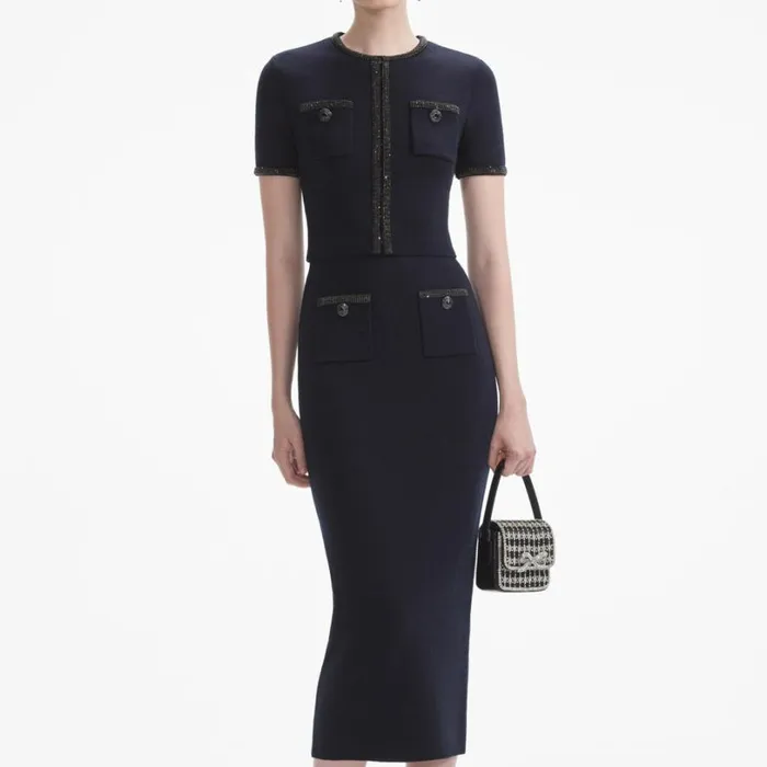 Navy Embellished Knit Midi Skirt Women Self Portrait Knitwear Navy Embellished Knit Midi Skirt Women Self Portrait Knitwear