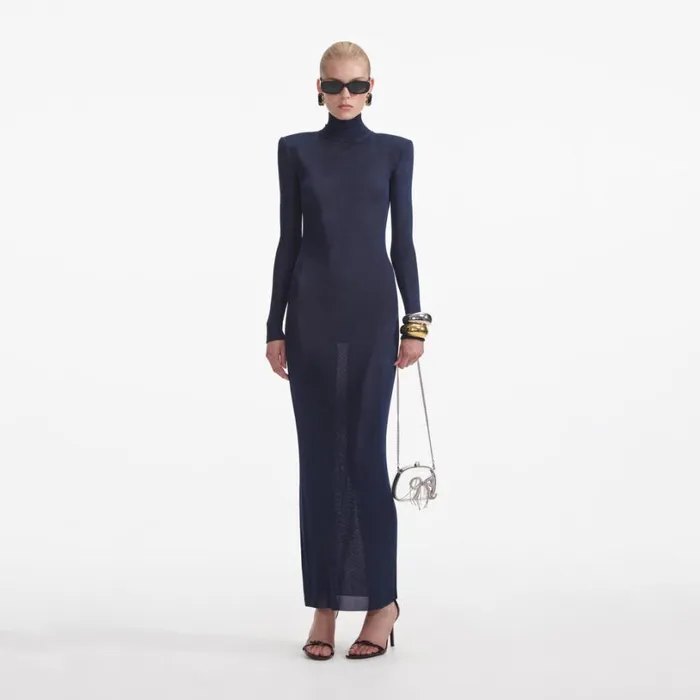 Navy Viscose Knit Maxi Dress Women Self Portrait Dresses