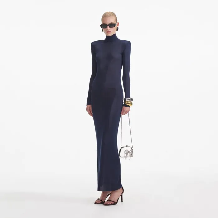 Navy Viscose Knit Maxi Dress Women Self Portrait Dresses