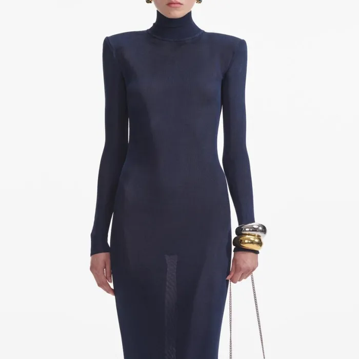 Navy Viscose Knit Maxi Dress Women Self Portrait Dresses