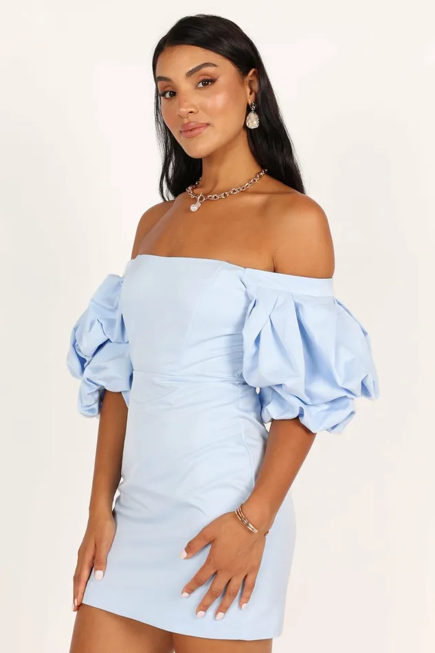 Off The Shoulder Dresses Fern Puff Sleeve Mini Dress Icy Blue Petal and Pup Women
