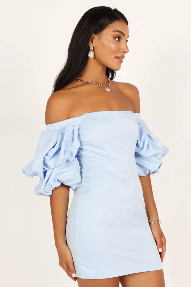 Off The Shoulder Dresses Fern Puff Sleeve Mini Dress Icy Blue Petal and Pup Women
