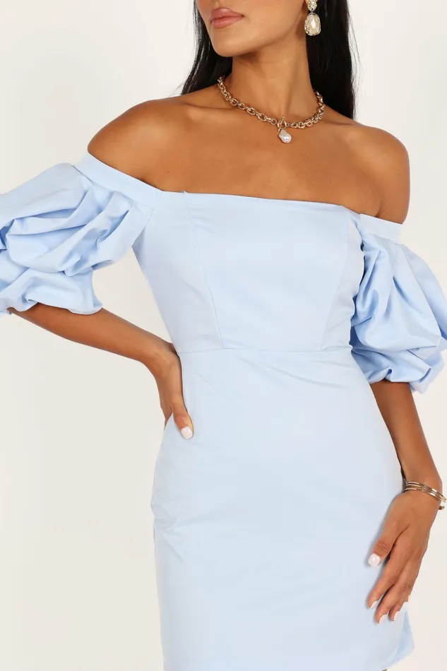 Off The Shoulder Dresses Fern Puff Sleeve Mini Dress Icy Blue Petal and Pup Women