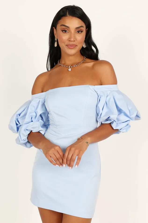 Off The Shoulder Dresses Fern Puff Sleeve Mini Dress Icy Blue Petal and Pup Women