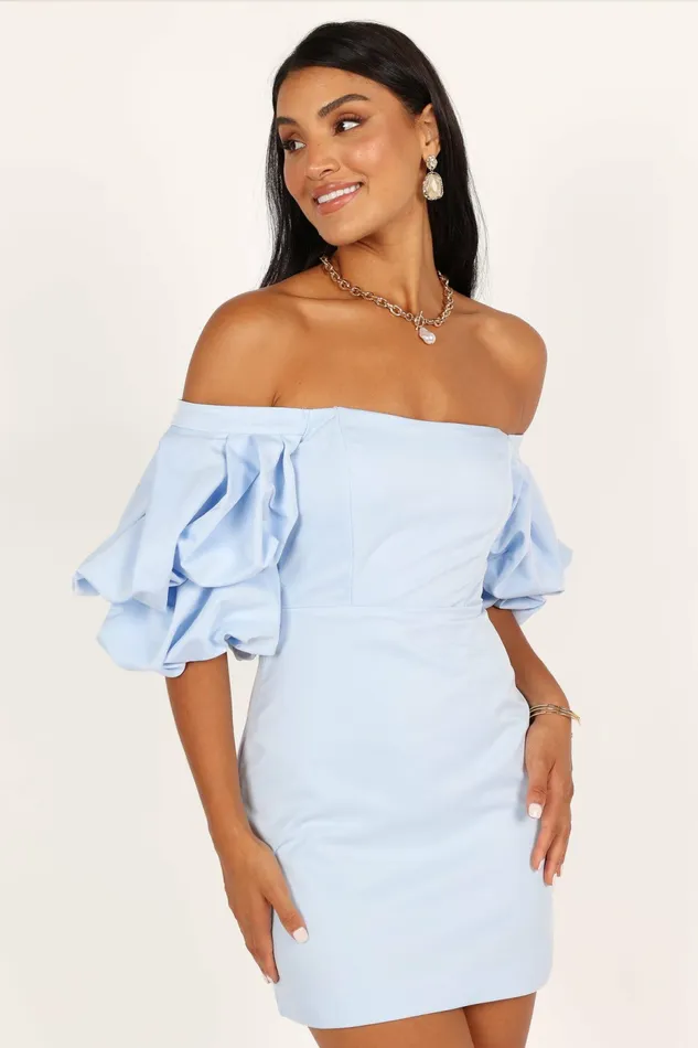 Off The Shoulder Dresses Fern Puff Sleeve Mini Dress Icy Blue Petal and Pup Women