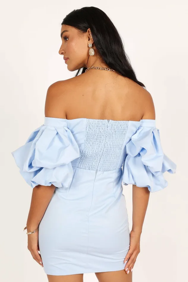 Off The Shoulder Dresses Fern Puff Sleeve Mini Dress Icy Blue Petal and Pup Women