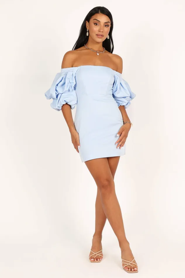 Off The Shoulder Dresses Fern Puff Sleeve Mini Dress Icy Blue Petal and Pup Women