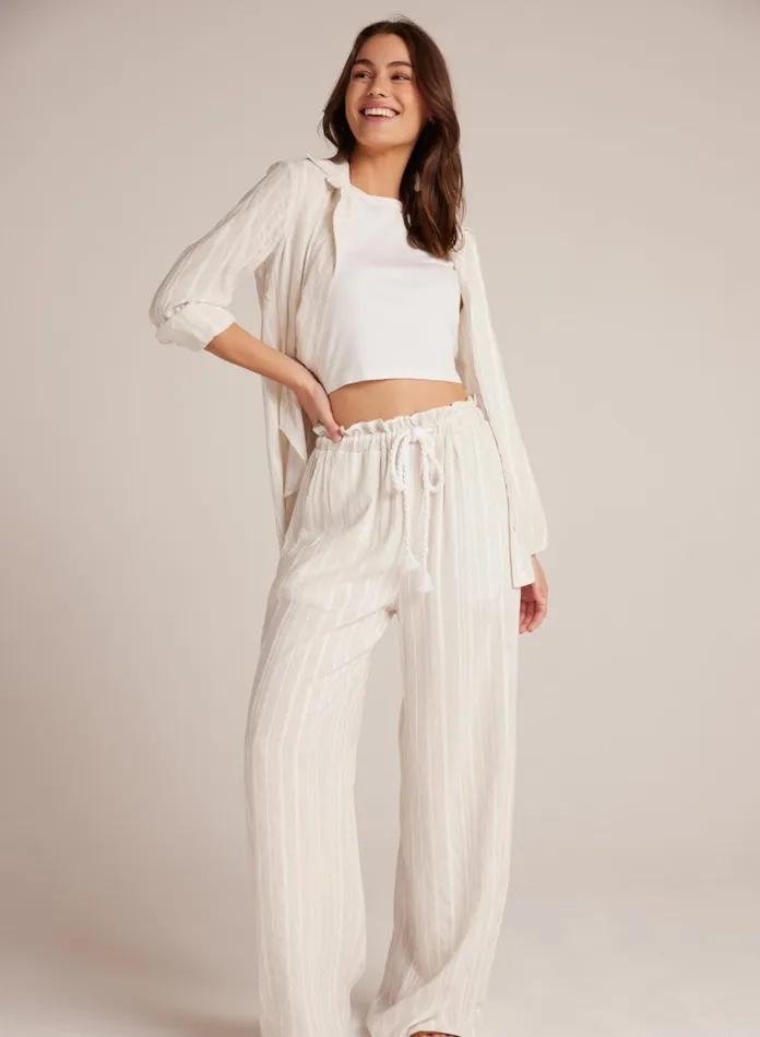 Pants Women Bella Dahl Ruffle Waist Wide Leg 8211 White Sand Stripe
