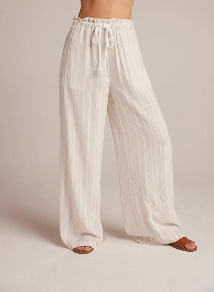 Pants Women Bella Dahl Ruffle Waist Wide Leg 8211 White Sand Stripe
