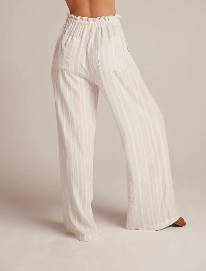 Pants Women Bella Dahl Ruffle Waist Wide Leg 8211 White Sand Stripe