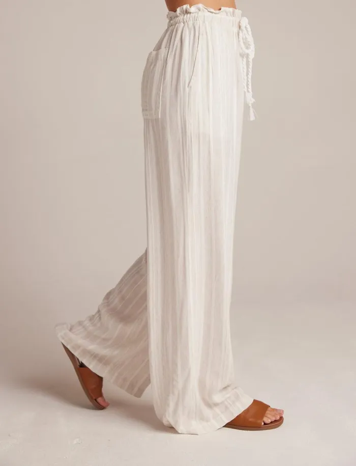 Pants Women Bella Dahl Ruffle Waist Wide Leg 8211 White Sand Stripe