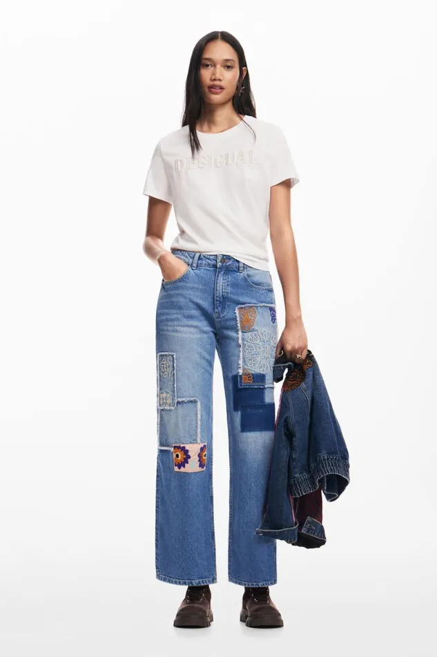 Pants Women Desigual Patchwork Jeans Blue