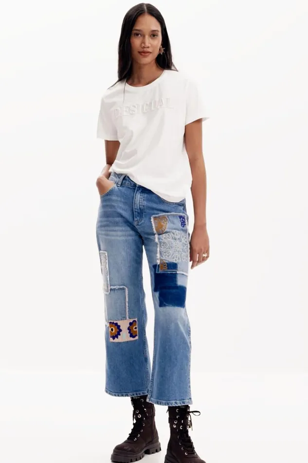 Pants Women Desigual Patchwork Jeans Blue