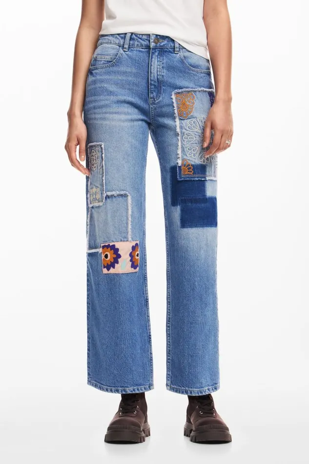 Pants Women Desigual Patchwork Jeans Blue