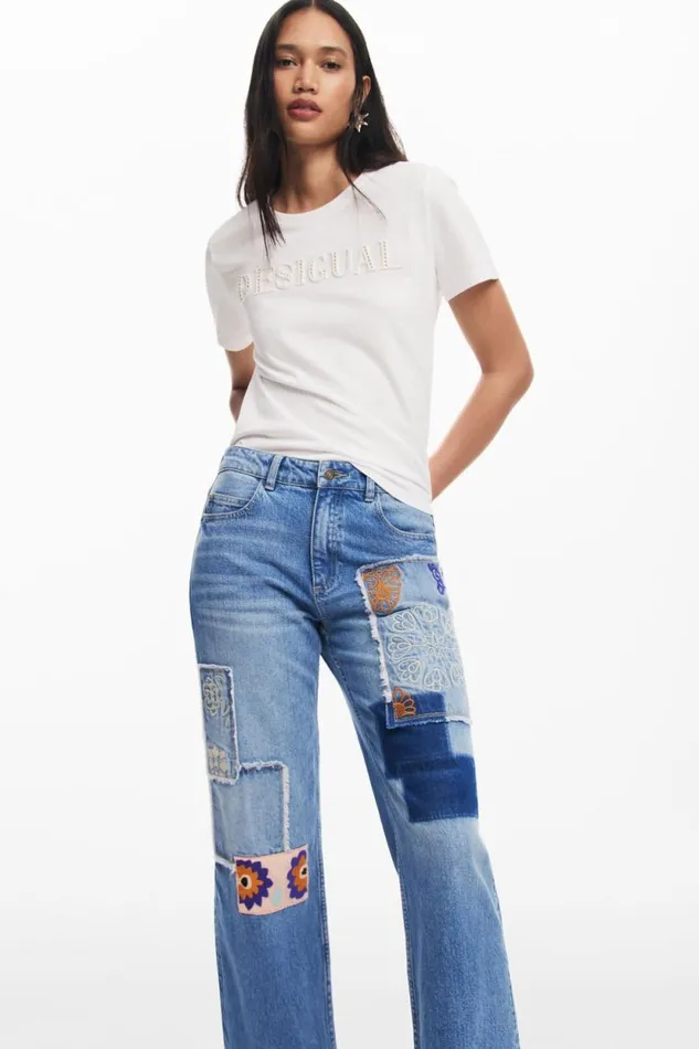 Pants Women Desigual Patchwork Jeans Blue