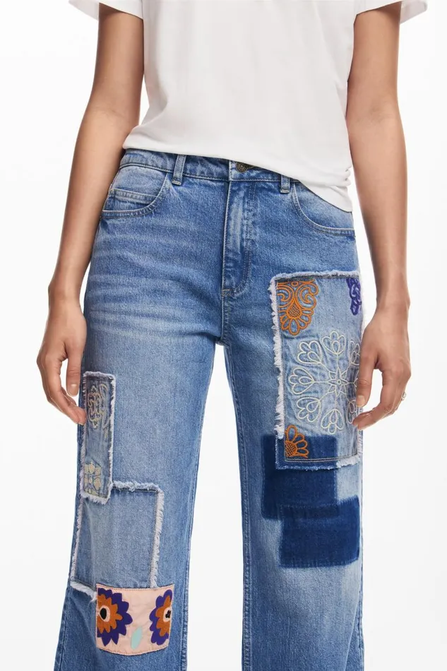 Pants Women Desigual Patchwork Jeans Blue