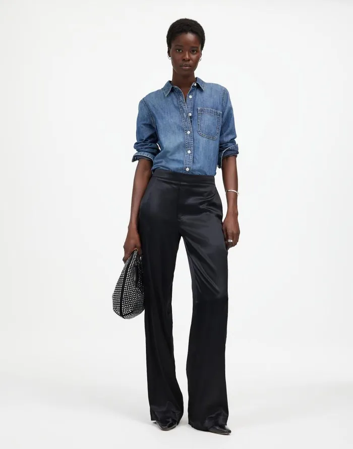 Pants Women Madewell PullOn Straight Pants In Stretch Satin True Black