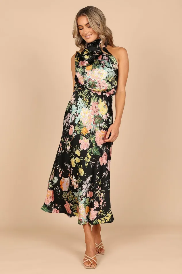 Petal and Pup Anabelle Halter Neck Midi Dress Black Floral Women Dresses