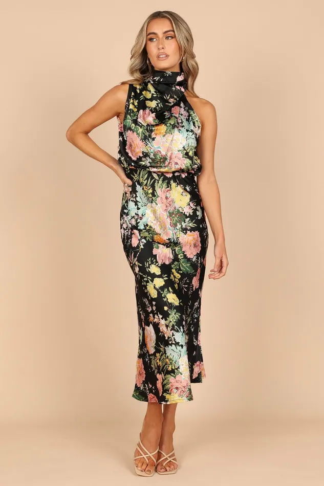 Petal and Pup Anabelle Halter Neck Midi Dress Black Floral Women Dresses