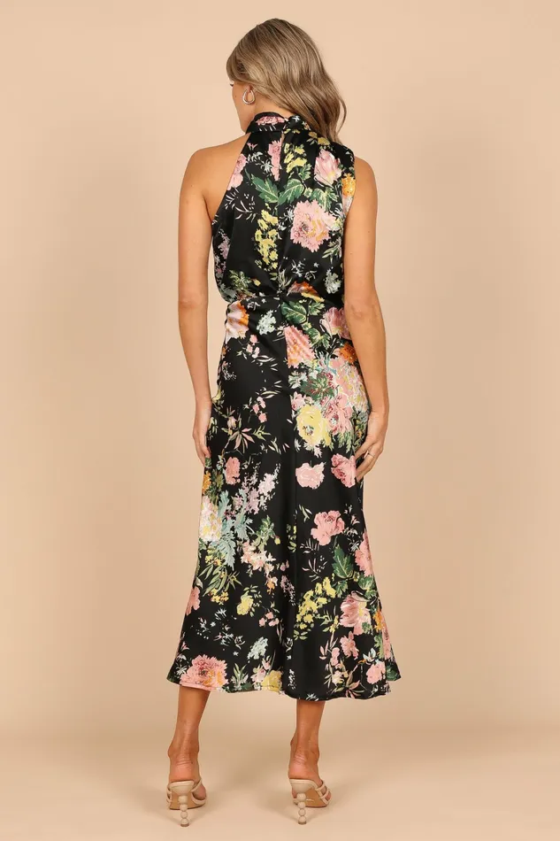 Petal and Pup Anabelle Halter Neck Midi Dress Black Floral Women Dresses