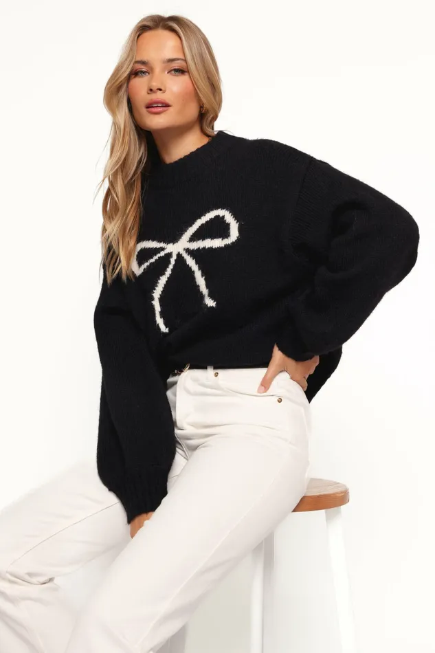 Petal and Pup Cecelia Bow Print Mock Neck Knit Sweater Black Women Sweaters