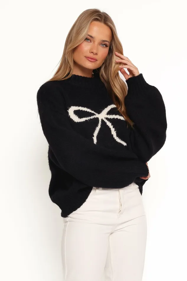 Petal and Pup Cecelia Bow Print Mock Neck Knit Sweater Black Women Sweaters