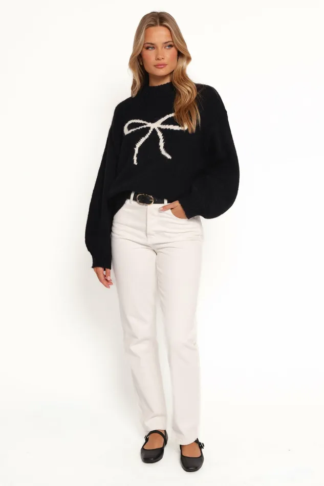 Petal and Pup Cecelia Bow Print Mock Neck Knit Sweater Black Women Sweaters