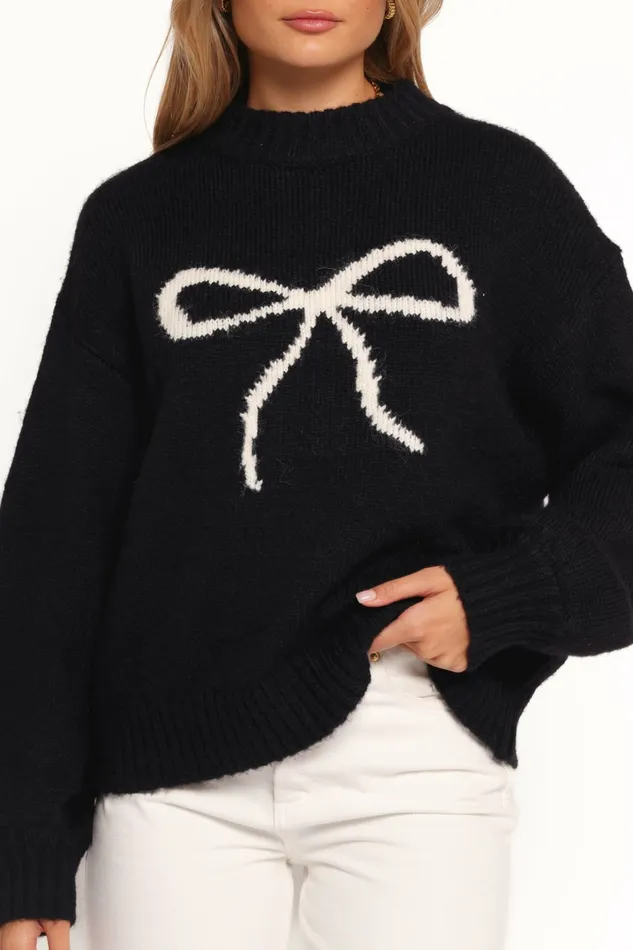 Petal and Pup Cecelia Bow Print Mock Neck Knit Sweater Black Women Sweaters