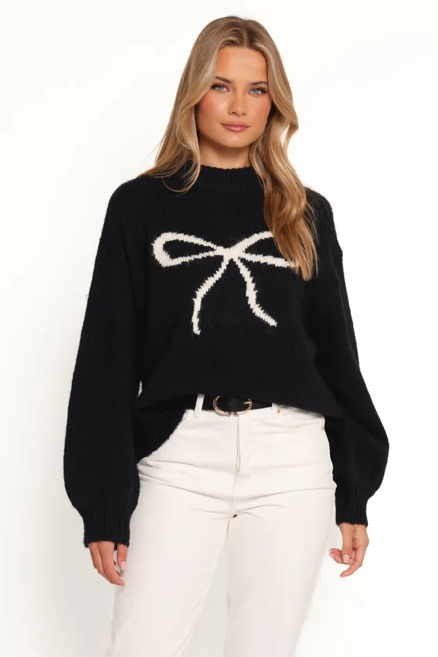 Petal and Pup Cecelia Bow Print Mock Neck Knit Sweater Black Women Sweaters