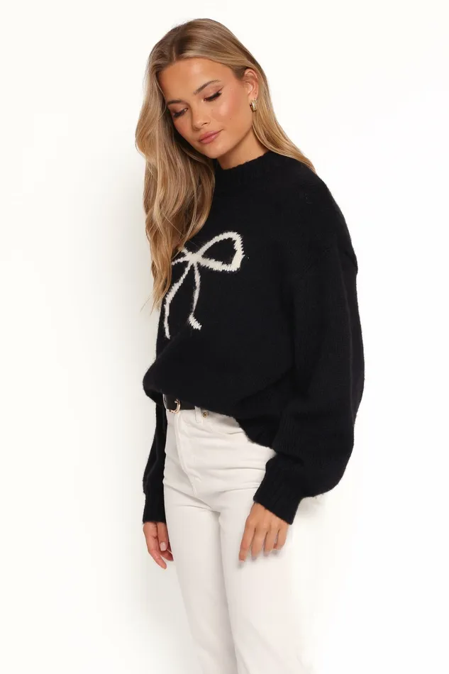Petal and Pup Cecelia Bow Print Mock Neck Knit Sweater Black Women Sweaters