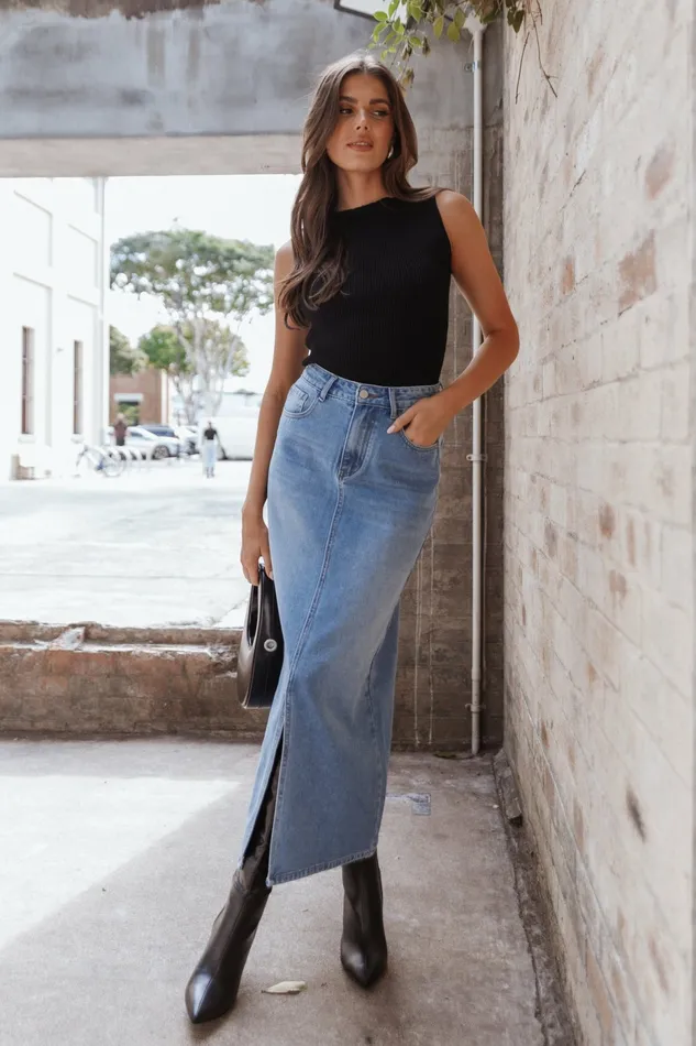 Petal and Pup Dana Denim Midi Skirt Blue Wash Women Skirts
