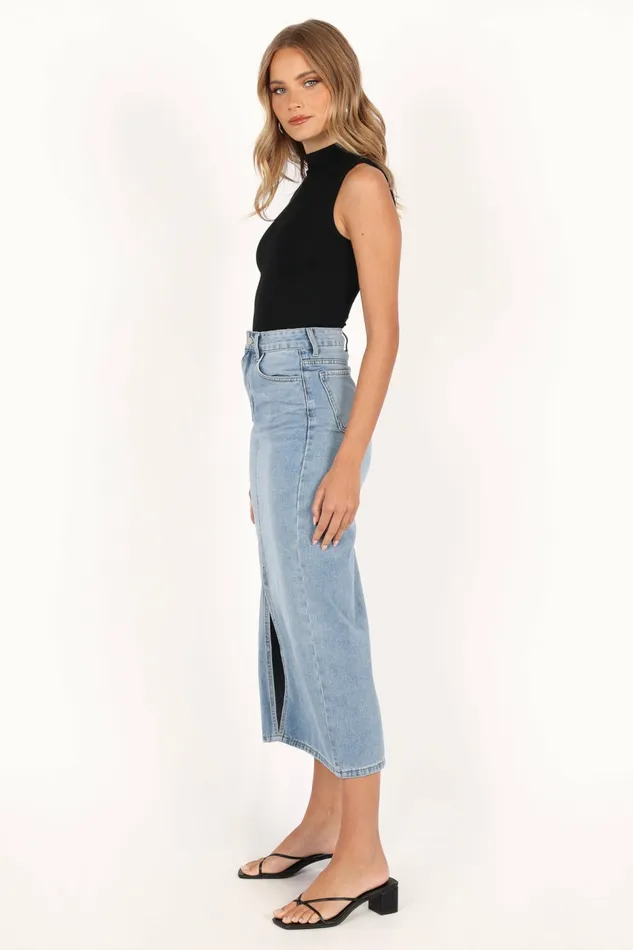 Petal and Pup Dana Denim Midi Skirt Blue Wash Women Skirts