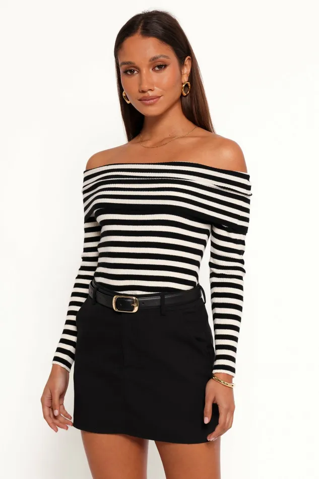 Petal and Pup Ellora Knit Top Black Cream Women Off The Shoulder Tops