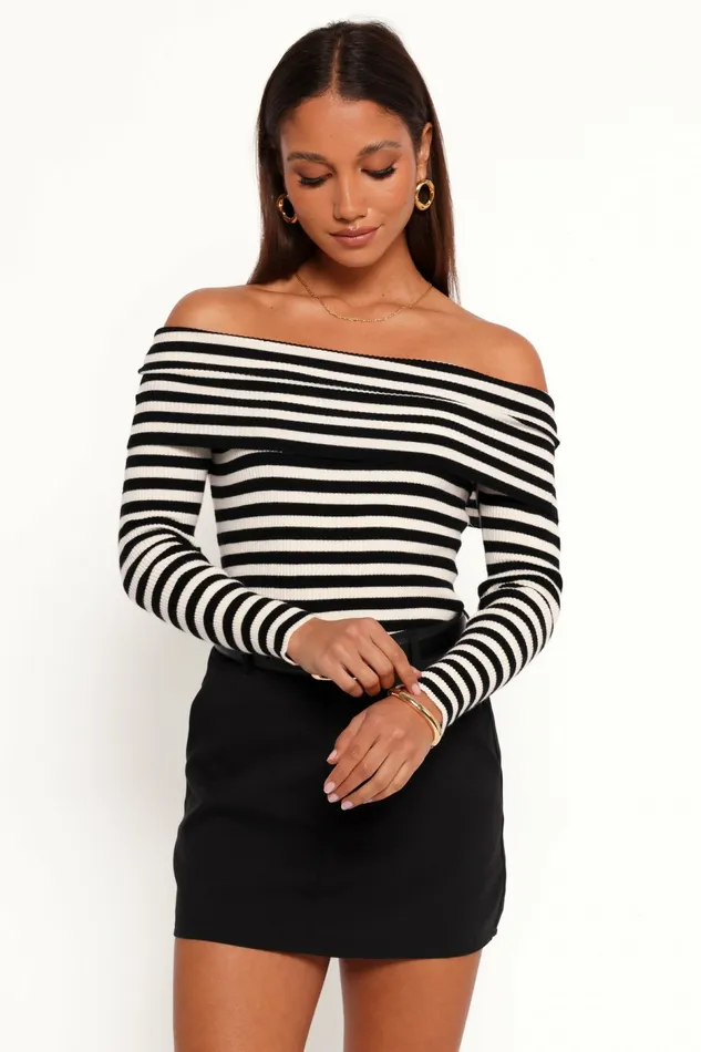 Petal and Pup Ellora Knit Top Black Cream Women Off The Shoulder Tops