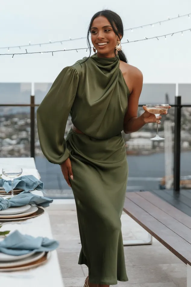Petal and Pup Event Dresses Women Amelie One Shoulder Midi Dress Olive