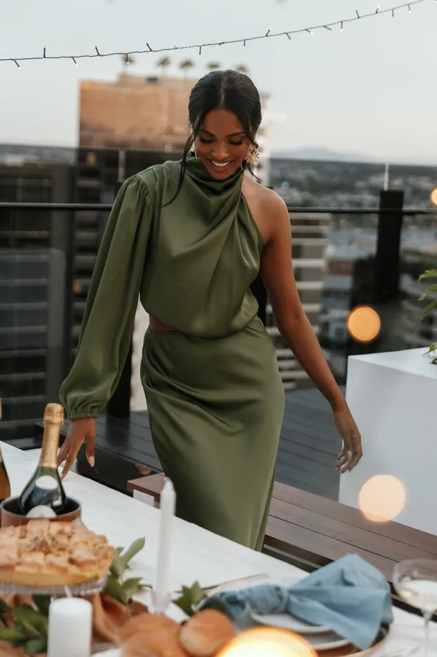 Petal and Pup Event Dresses Women Amelie One Shoulder Midi Dress Olive