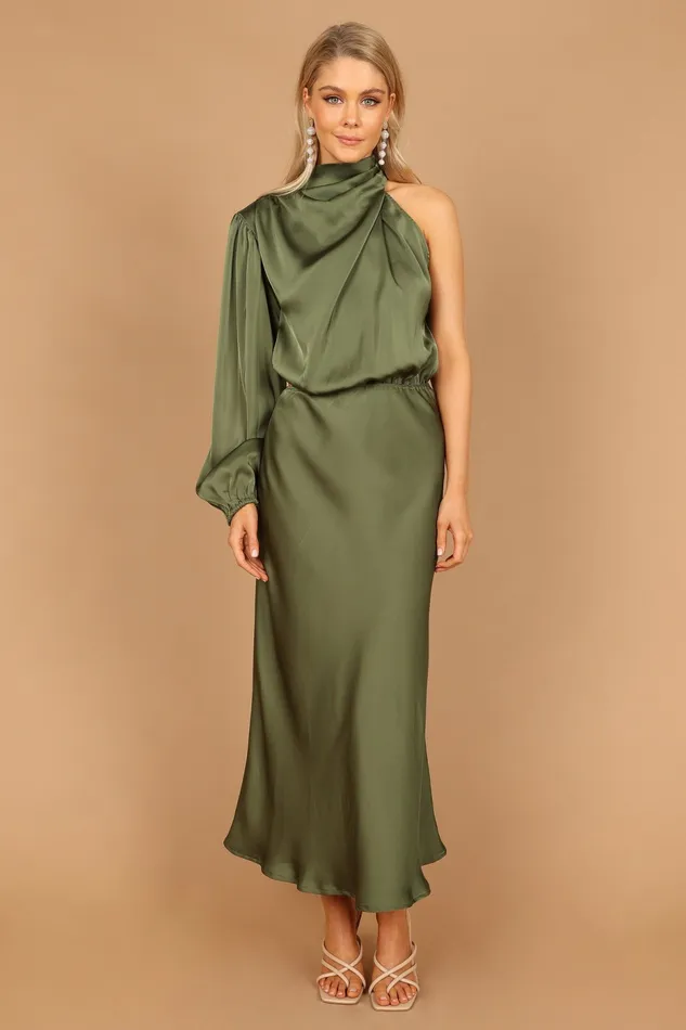 Petal and Pup Event Dresses Women Amelie One Shoulder Midi Dress Olive