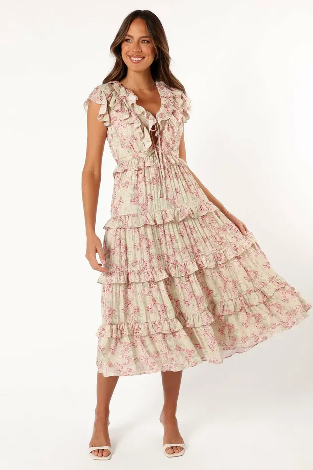 Petal and Pup Floral Dresses Women Levelle Midi Ruffle Dress IvoryRed Green Floral