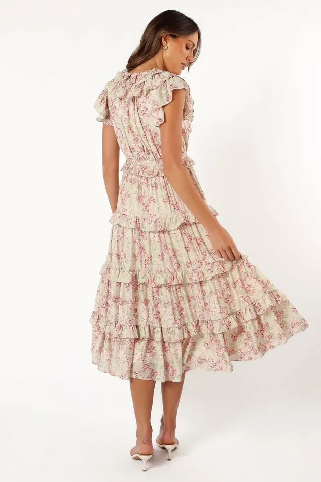 Petal and Pup Floral Dresses Women Levelle Midi Ruffle Dress IvoryRed Green Floral