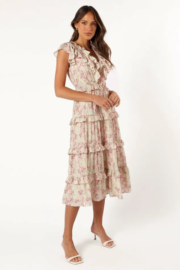 Petal and Pup Floral Dresses Women Levelle Midi Ruffle Dress IvoryRed Green Floral