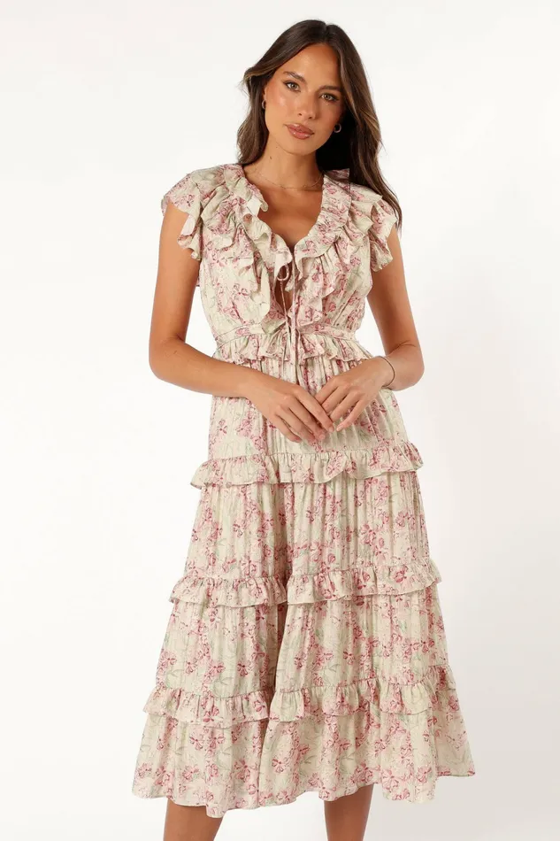 Petal and Pup Floral Dresses Women Levelle Midi Ruffle Dress IvoryRed Green Floral