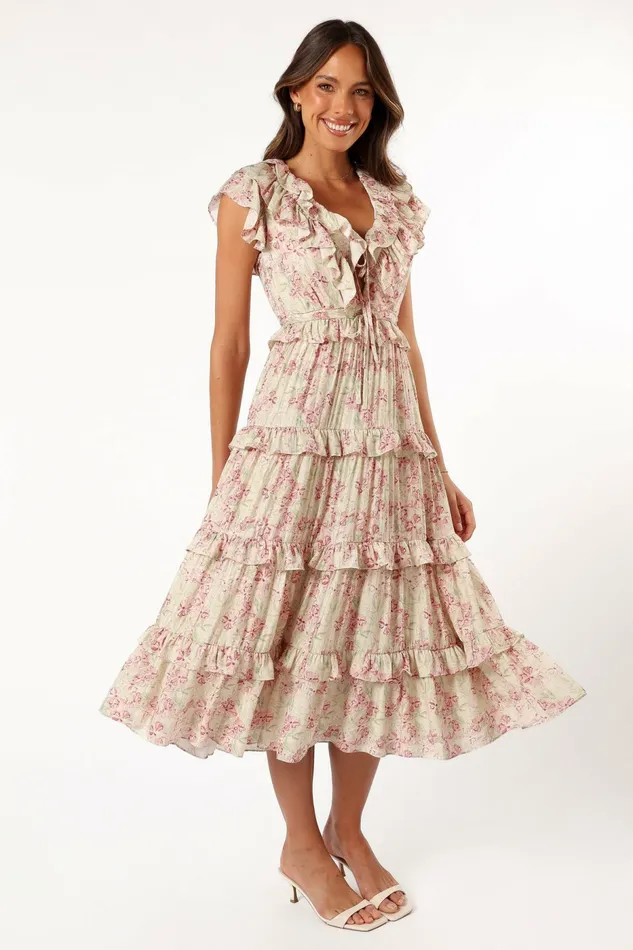 Petal and Pup Floral Dresses Women Levelle Midi Ruffle Dress IvoryRed Green Floral