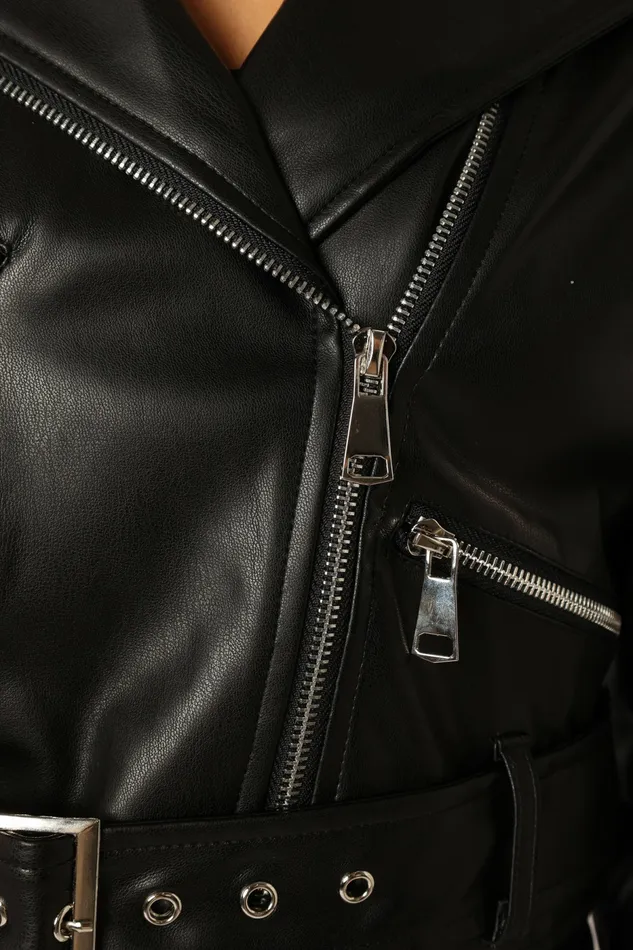 Petal and Pup Hanna Ruffle Sleeve Faux Leather Jacket Black Women Jackets and Coats